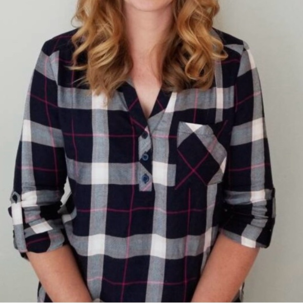 NSR Long Sleeve Quarter Button Plaid Blouse Gray Size XL